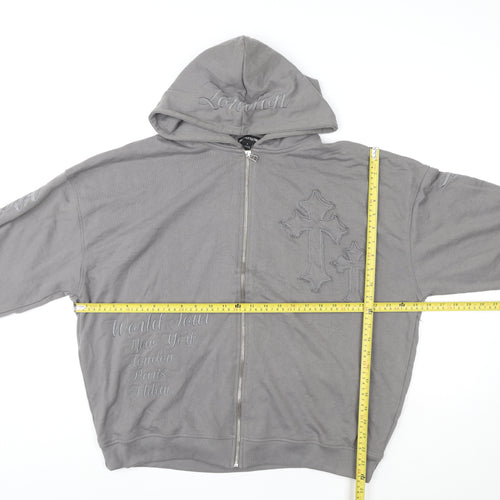 PrettyLittleThing Women Grey Full Zip Hoodie M Embroidered Cross Design