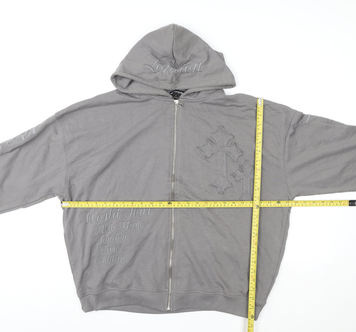 PrettyLittleThing Women Grey Full Zip Hoodie M Embroidered Cross Design