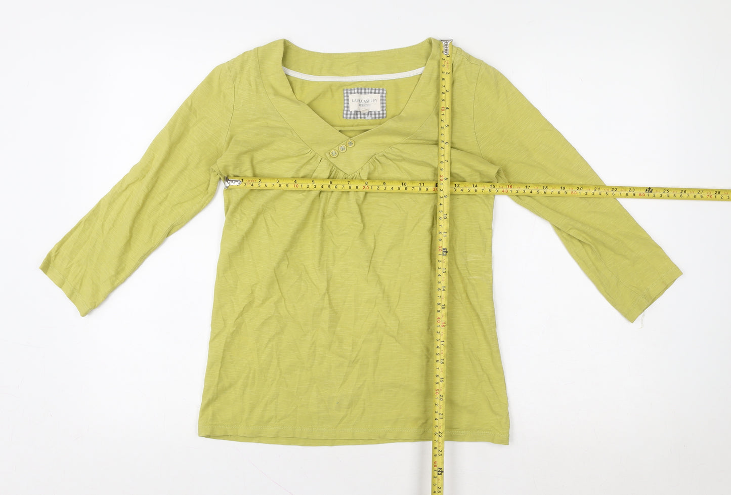 Laura Ashley Women Green 3/4 Sleeve V-Neck Cotton T-Shirt UK 10