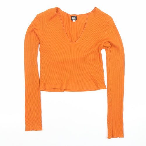 BDG Women's Orange Ribbed V-Neck Cropped Long Sleeve Top Size S