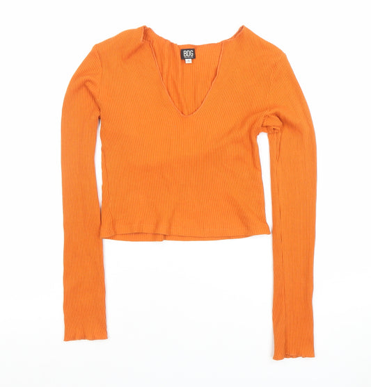 BDG Women's Orange Ribbed V-Neck Cropped Long Sleeve Top Size S
