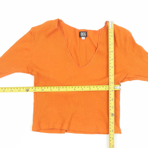 BDG Women's Orange Ribbed V-Neck Cropped Long Sleeve Top Size S