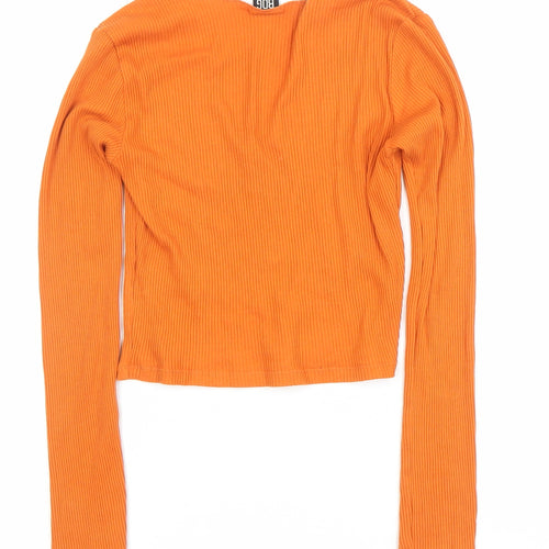 BDG Women's Orange Ribbed V-Neck Cropped Long Sleeve Top Size S