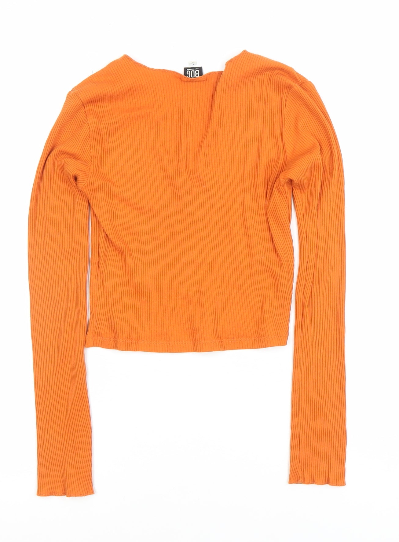 BDG Women's Orange Ribbed V-Neck Cropped Long Sleeve Top Size S