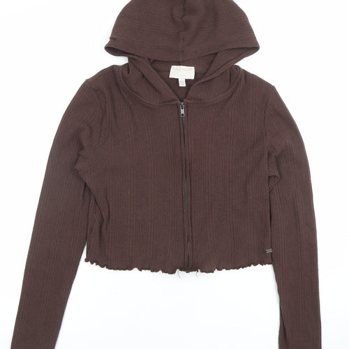Pull&Bear Teens Brown Ribbed Full Zip Hoodie Women's XL Casual