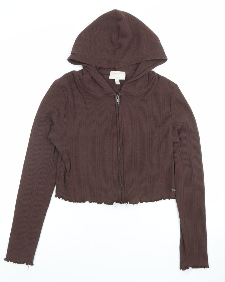 Pull&Bear Teens Brown Ribbed Full Zip Hoodie Women's XL Casual