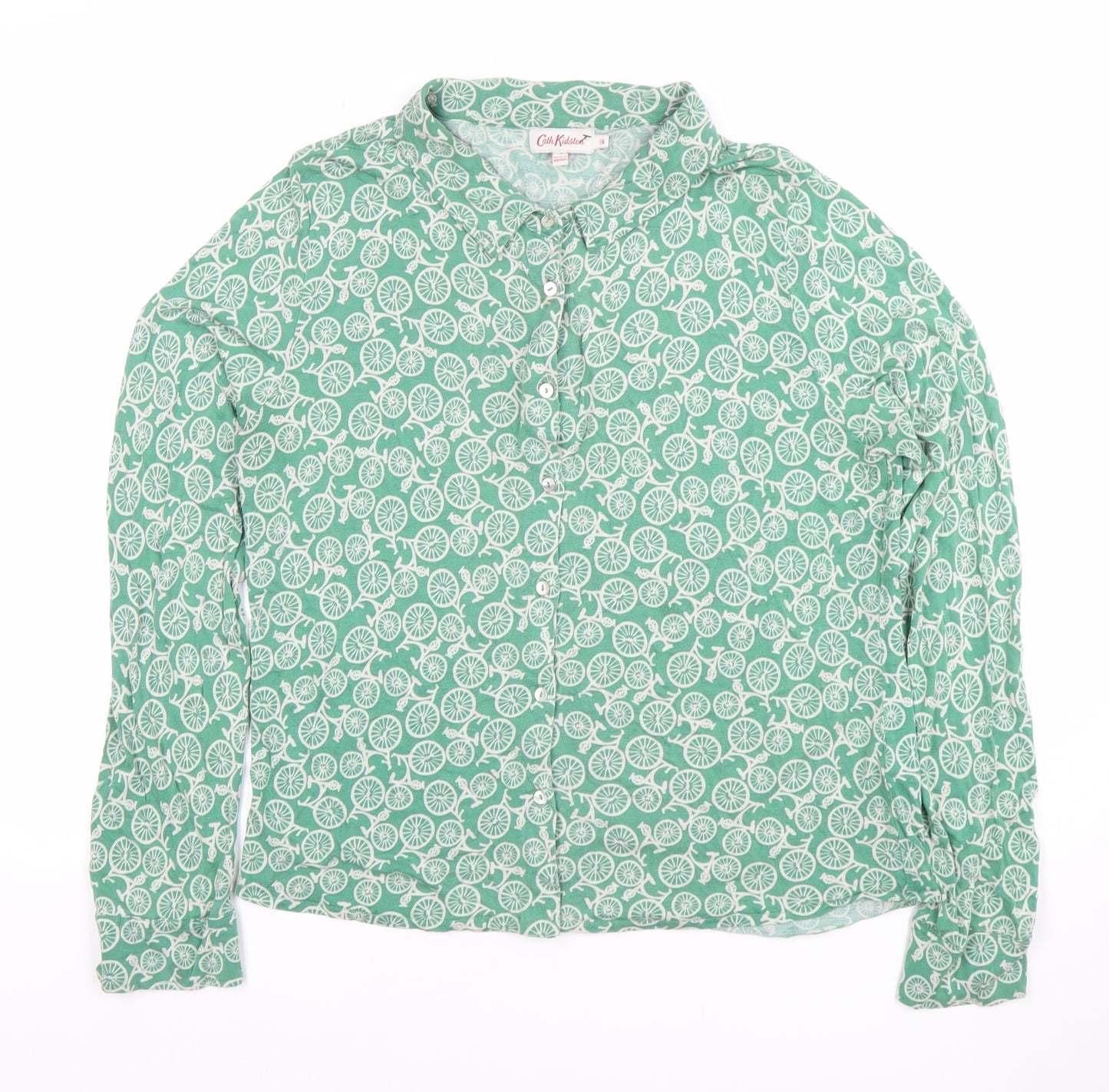 Cath Kidston Women's Green Bicycle Print Long Sleeve Button-Up Shirt Size 16