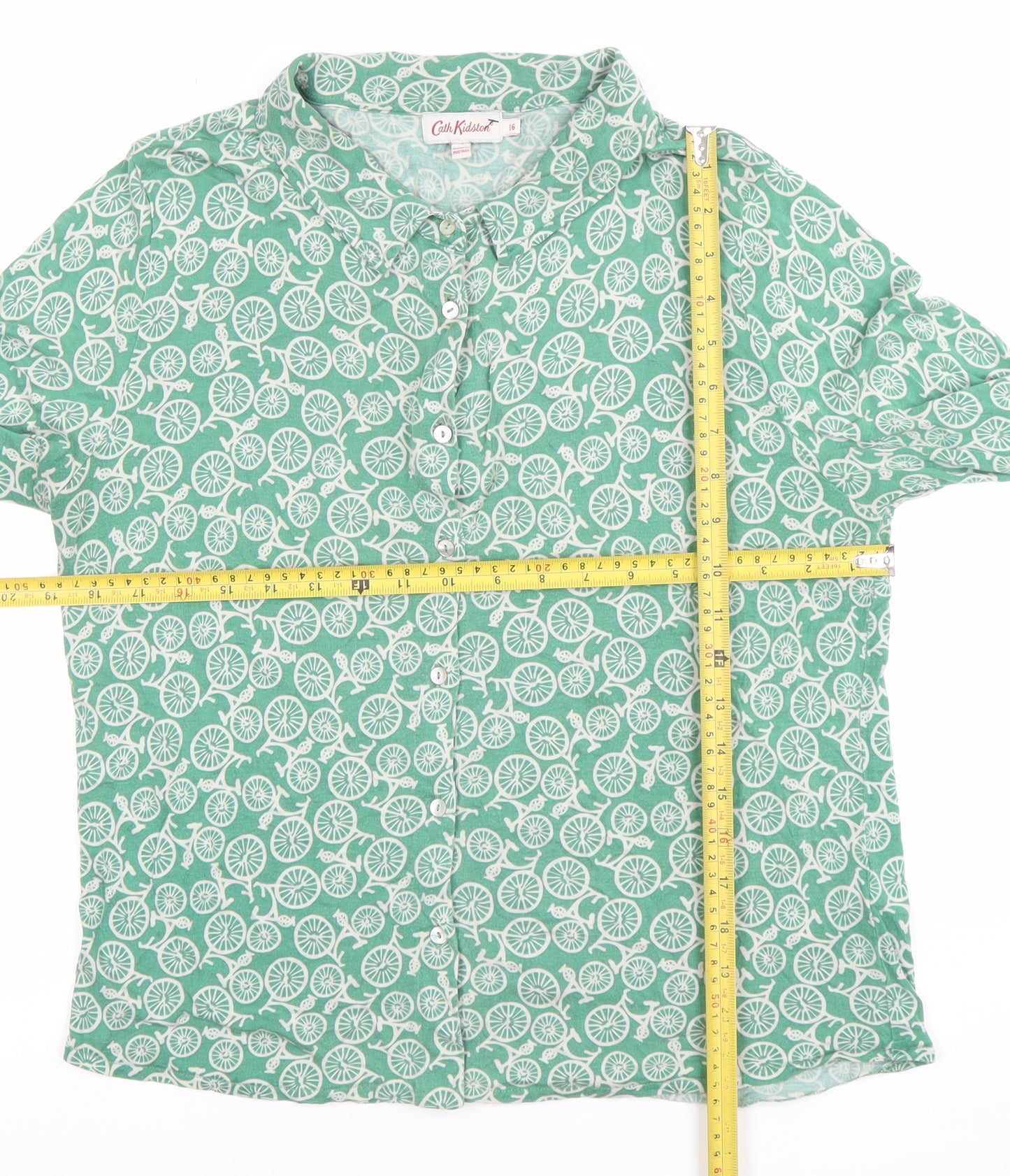 Cath Kidston Women's Green Bicycle Print Long Sleeve Button-Up Shirt Size 16