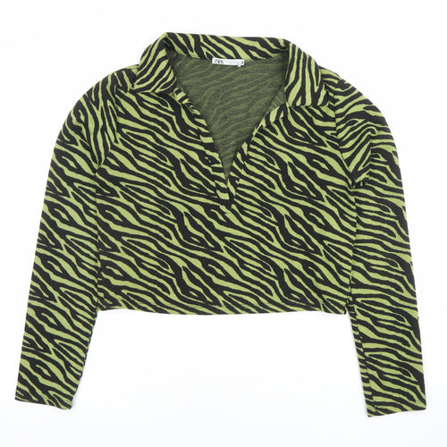ZARA Women Green Animal Print Cropped Collared Long Sleeve Top Size 12
