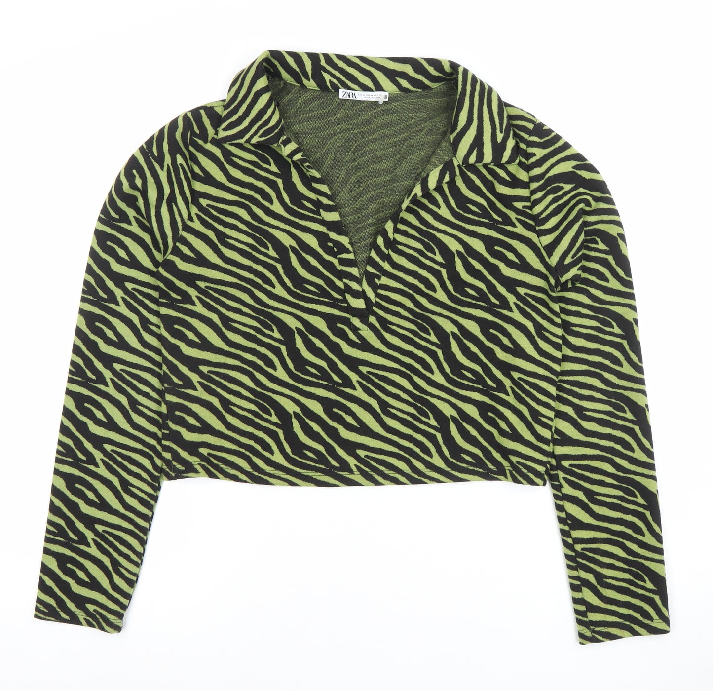 ZARA Women Green Animal Print Cropped Collared Long Sleeve Top Size 12