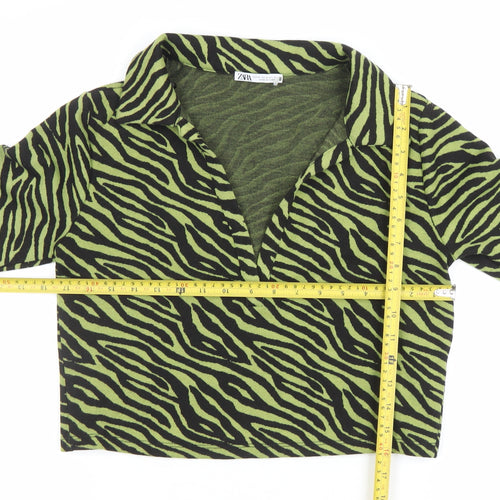 ZARA Women Green Animal Print Cropped Collared Long Sleeve Top Size 12