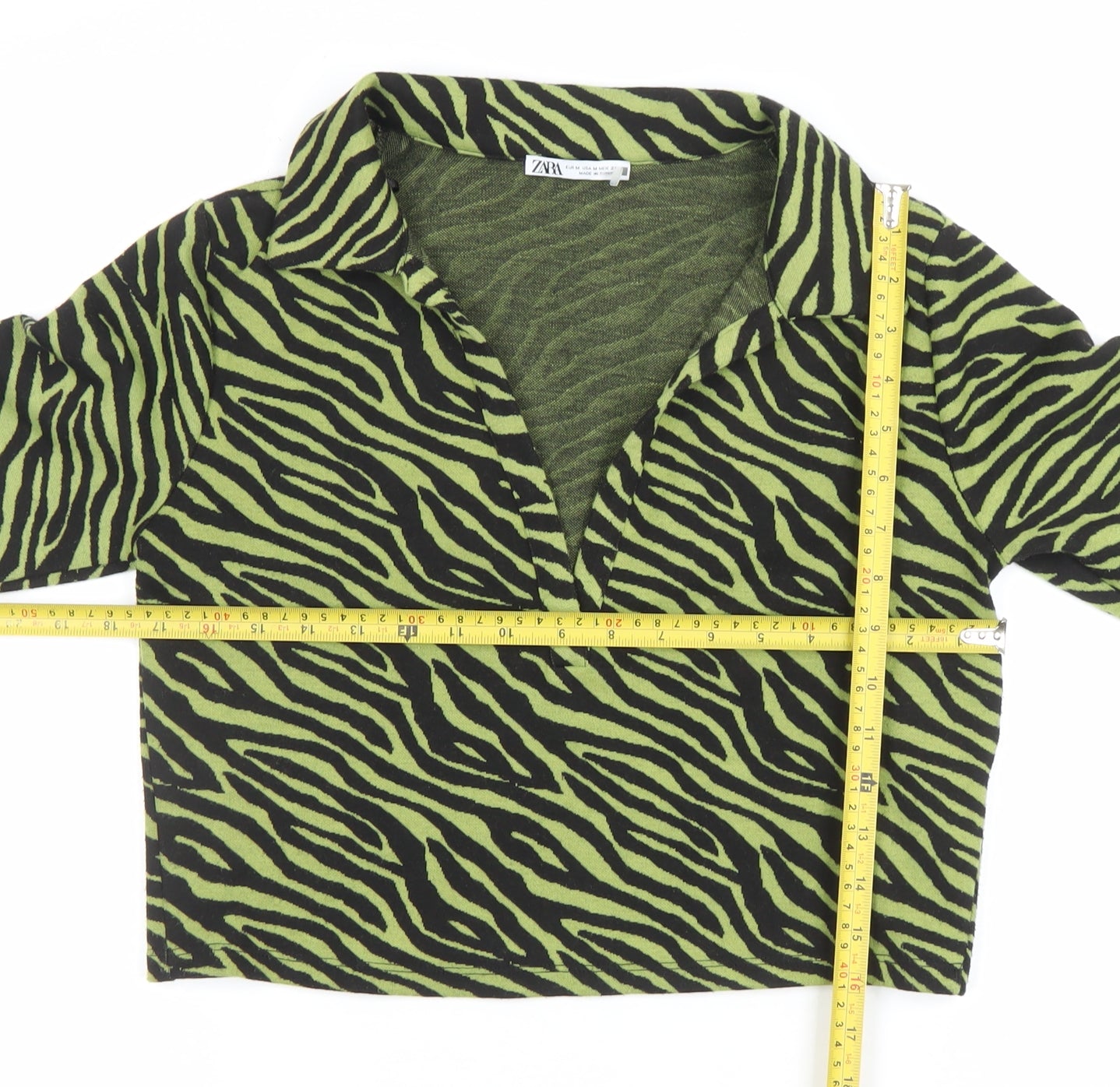 ZARA Women Green Animal Print Cropped Collared Long Sleeve Top Size 12