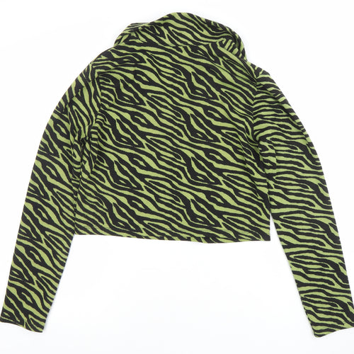 ZARA Women Green Animal Print Cropped Collared Long Sleeve Top Size 12