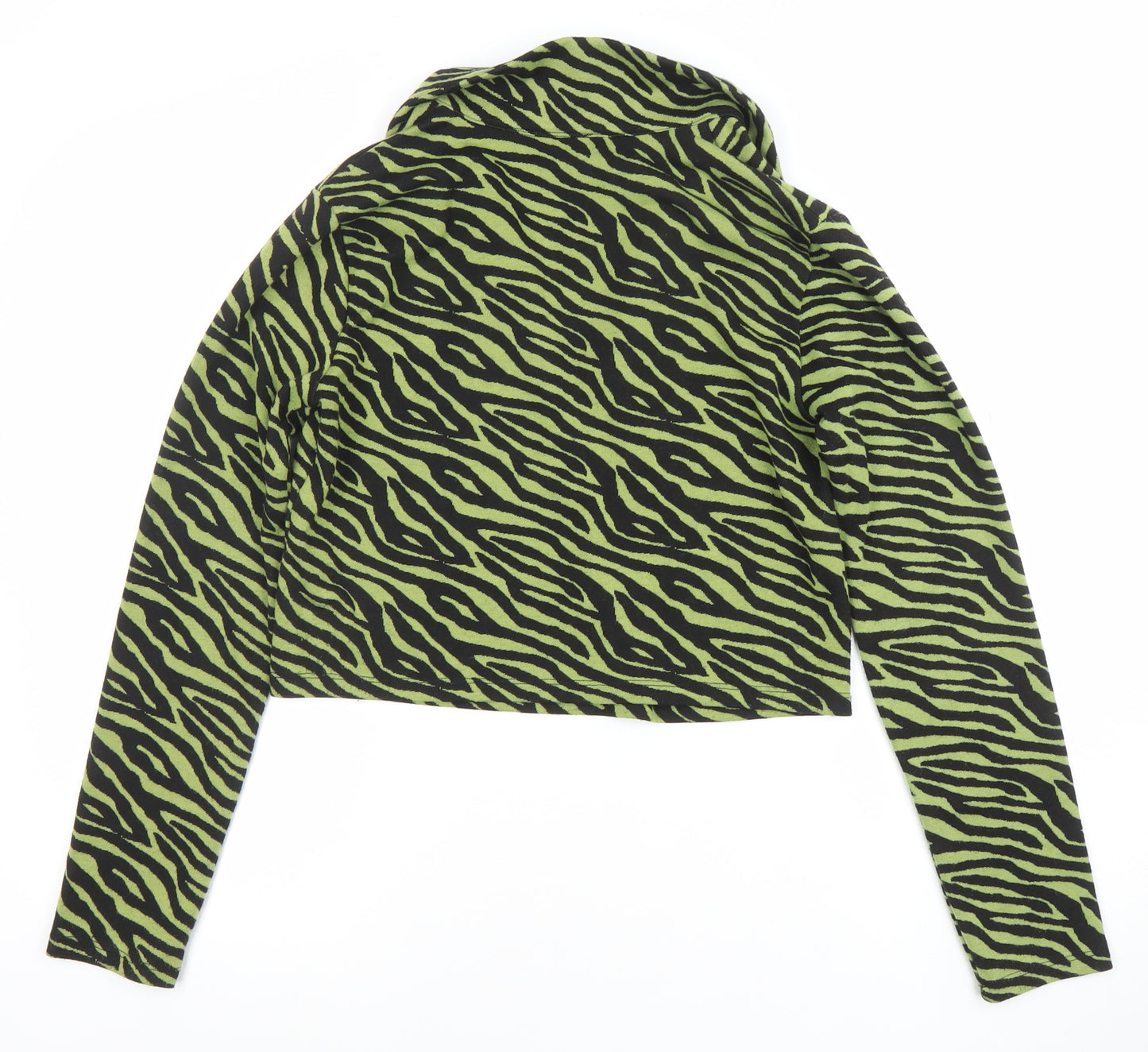 ZARA Women Green Animal Print Cropped Collared Long Sleeve Top Size 12