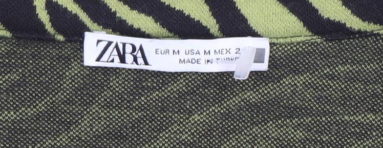 ZARA Women Green Animal Print Cropped Collared Long Sleeve Top Size 12
