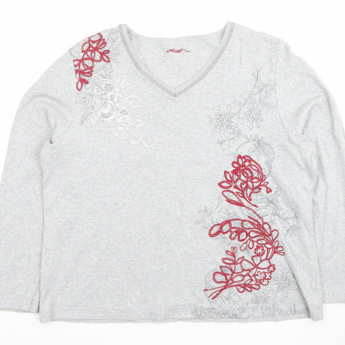 Dash Womens Grey Long Sleeve V-Neck Floral Embroidered Top Size 18