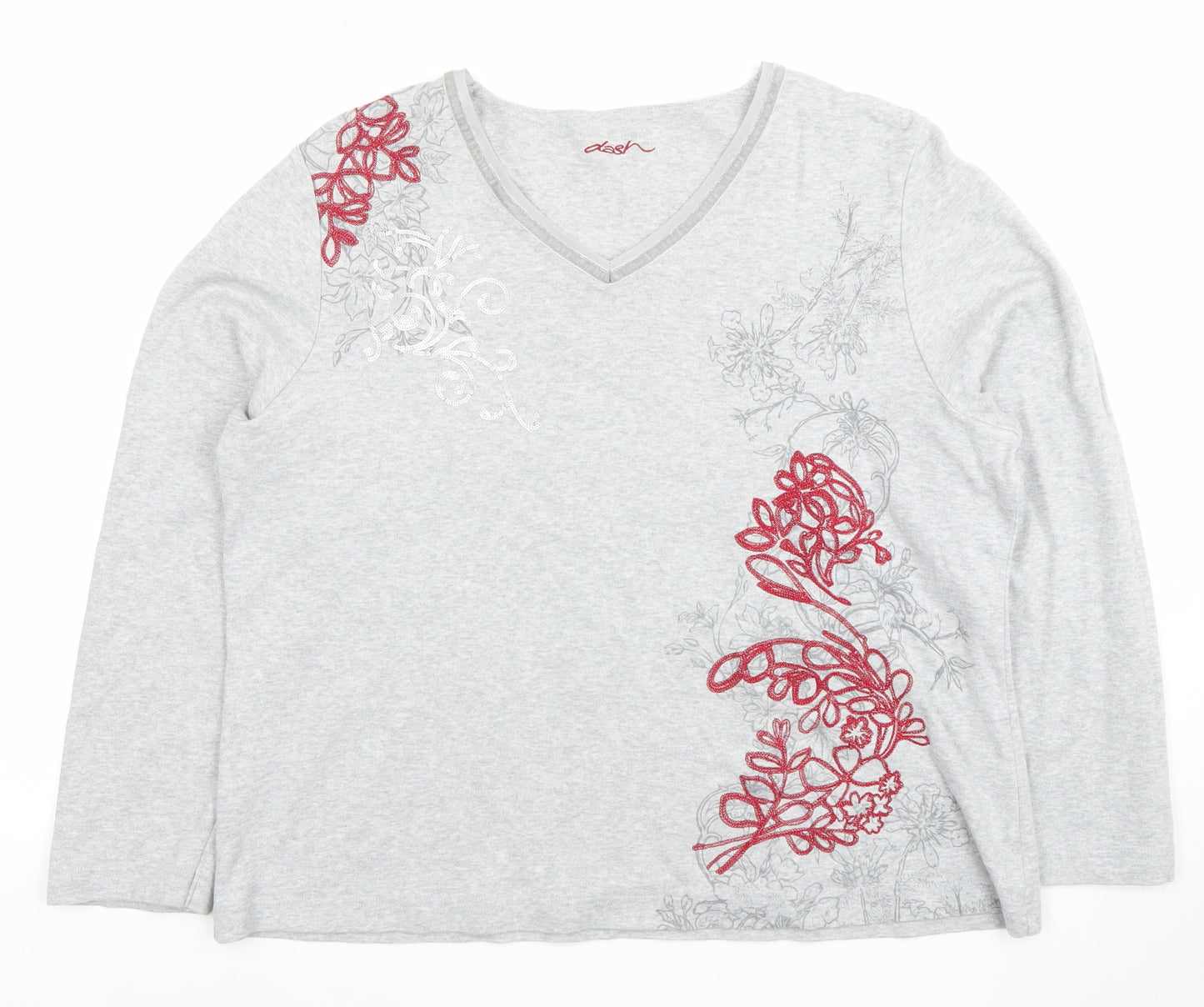 Dash Womens Grey Long Sleeve V-Neck Floral Embroidered Top Size 18