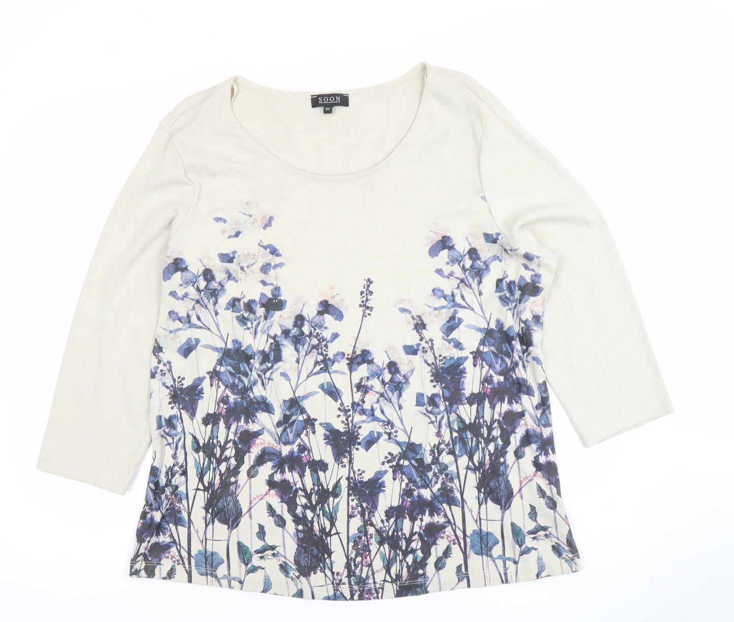 SOON Womens Beige Floral 3/4 Sleeve Scoop Neck T-Shirt Size 22