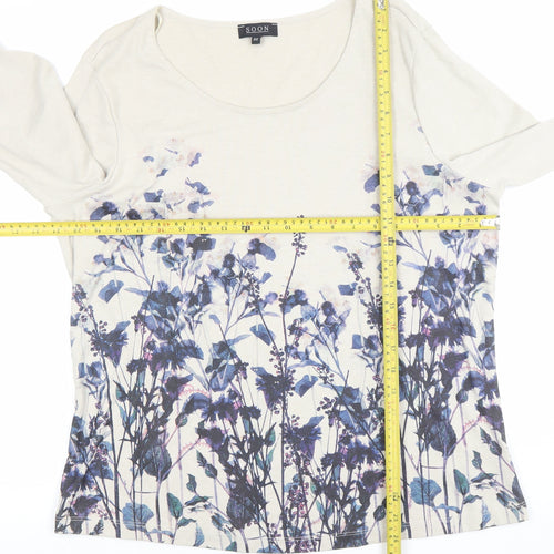 SOON Womens Beige Floral 3/4 Sleeve Scoop Neck T-Shirt Size 22