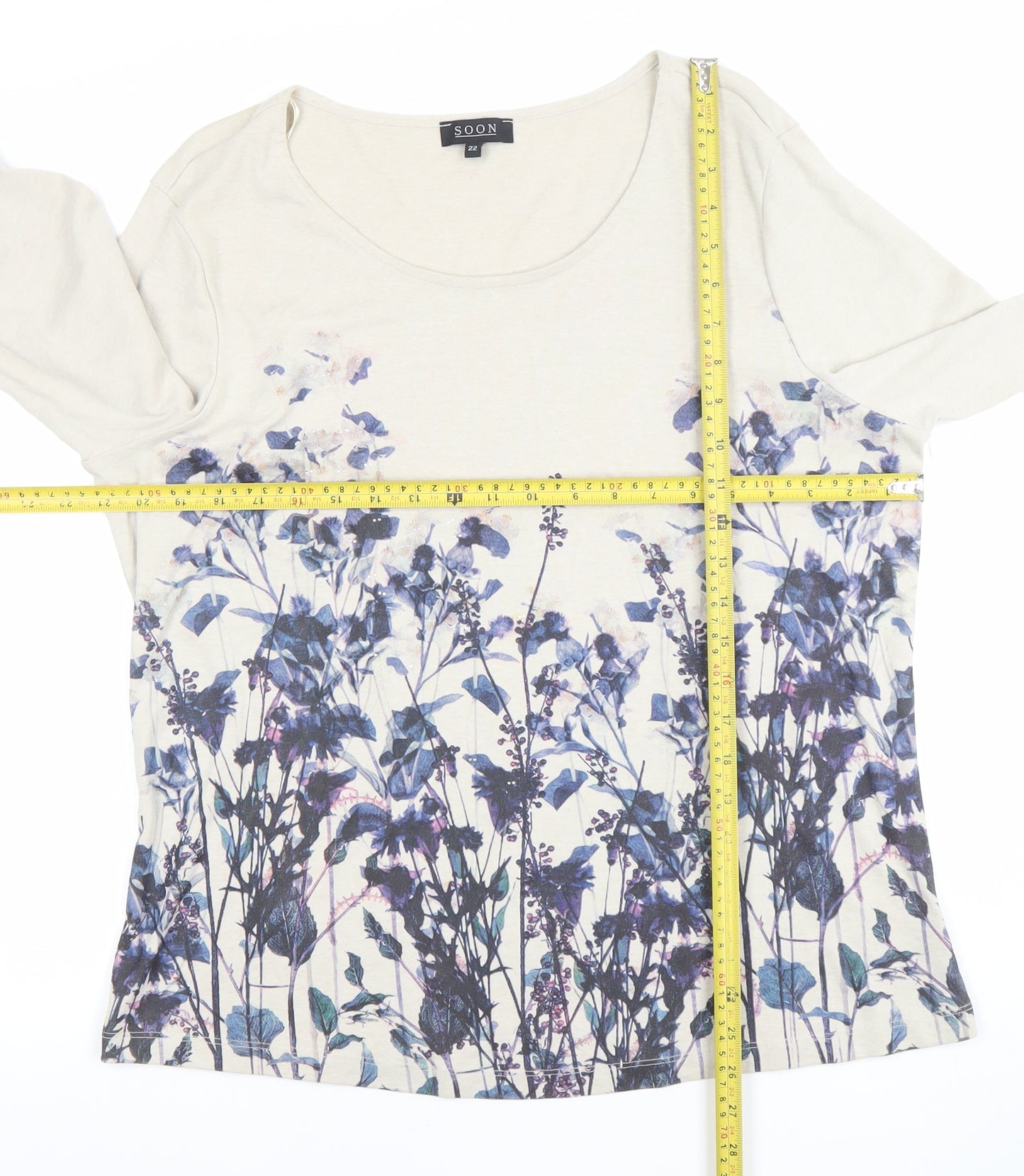 SOON Womens Beige Floral 3/4 Sleeve Scoop Neck T-Shirt Size 22