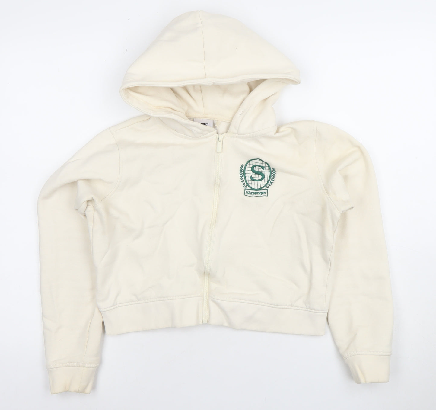 Slazenger Women Ivory Full Zip Hoodie UK 10 Cotton Blend Embroidered Logo