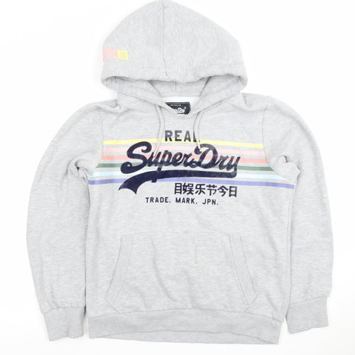 Superdry Womens Grey Pullover Hoodie Size M Logo Graphic Cotton Blend