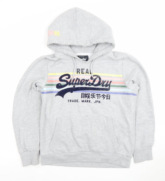 Superdry Womens Grey Pullover Hoodie Size M Logo Graphic Cotton Blend