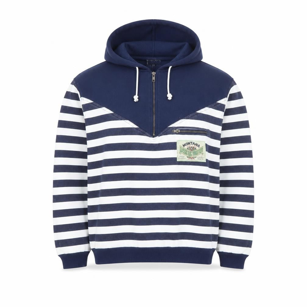 Front view of Montana Men's Blue Striped Half Zip Pullover Hoodie, size M