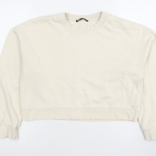 Zara Women Beige Crew Neck Pullover Sweatshirt Size S Cotton Blend