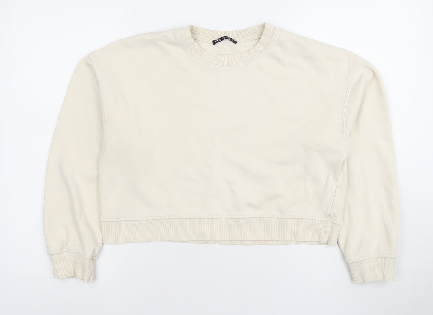 Zara Women Beige Crew Neck Pullover Sweatshirt Size S Cotton Blend