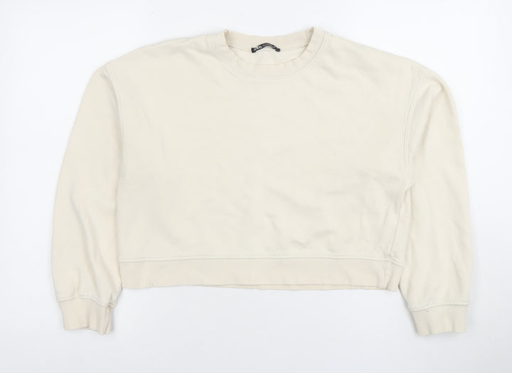 Zara Women Beige Crew Neck Pullover Sweatshirt Size S Cotton Blend