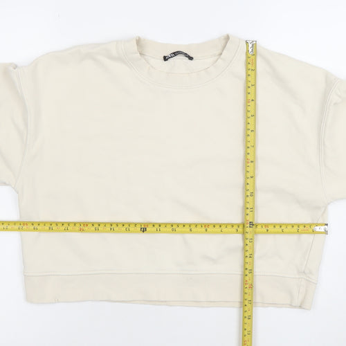 Zara Women Beige Crew Neck Pullover Sweatshirt Size S Cotton Blend