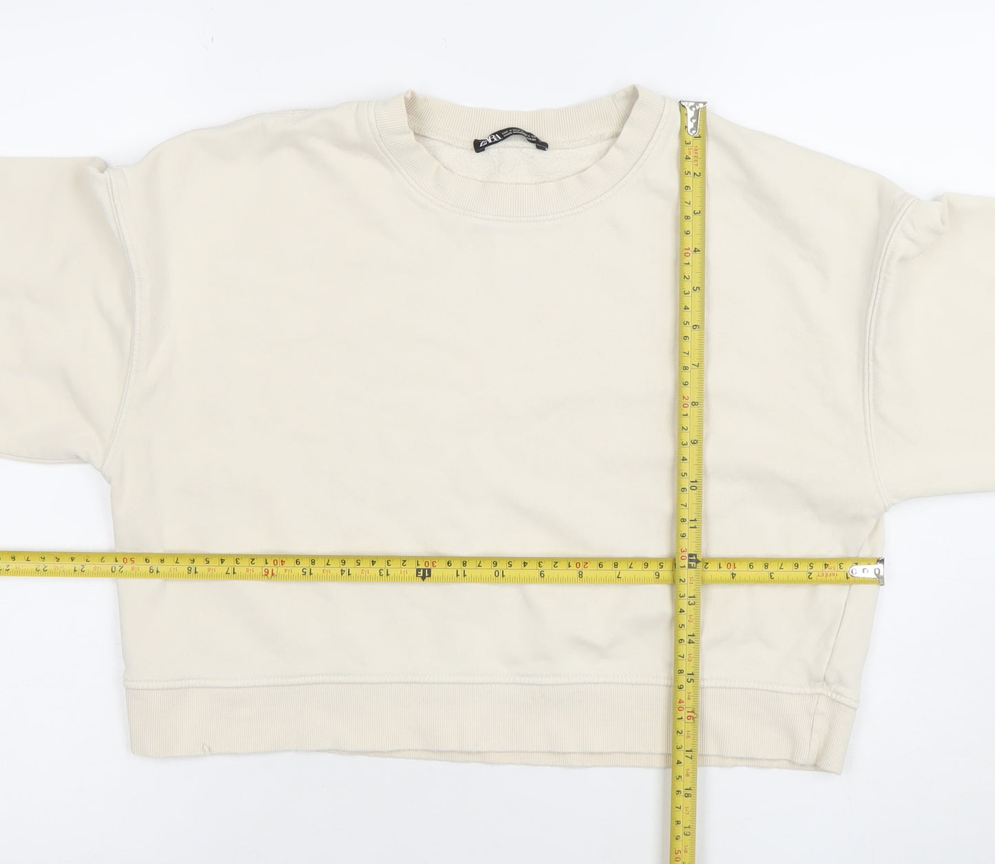 Zara Women Beige Crew Neck Pullover Sweatshirt Size S Cotton Blend
