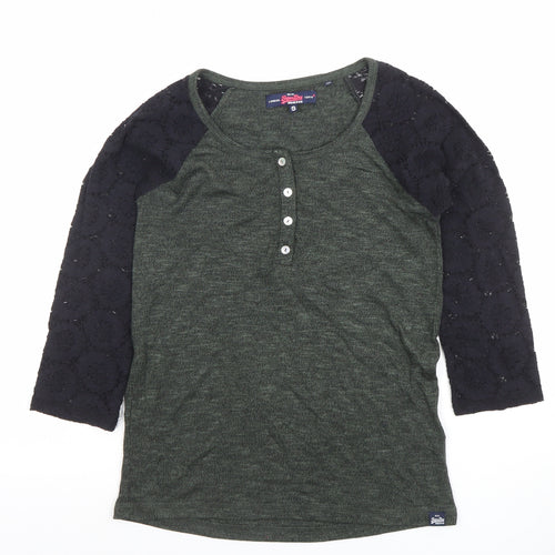 Superdry Women's Green Raglan 3/4 Sleeve Button-Up Jersey Top S