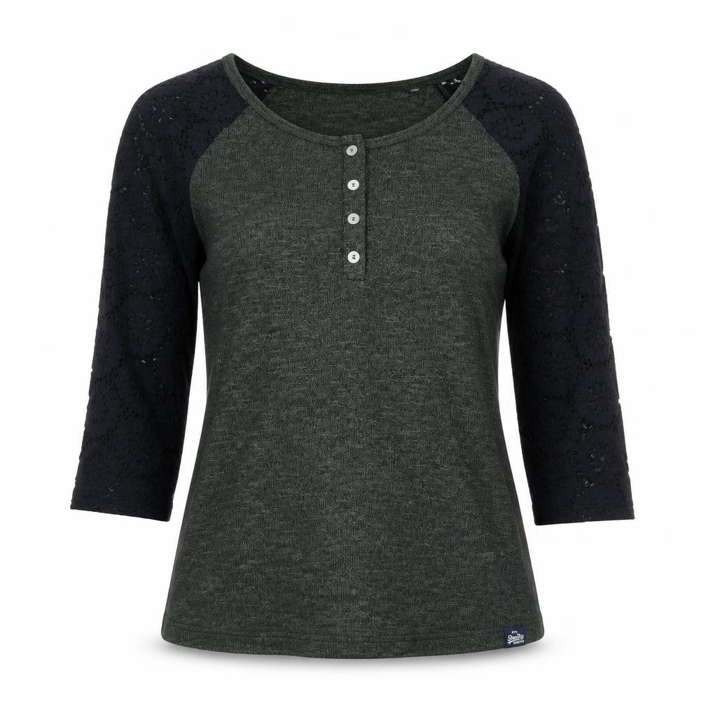 Front view of Superdry Women's Green Raglan 3/4 Sleeve Button-Up Jersey Top S