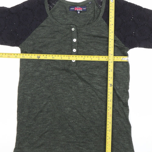 Superdry Women's Green Raglan 3/4 Sleeve Button-Up Jersey Top S