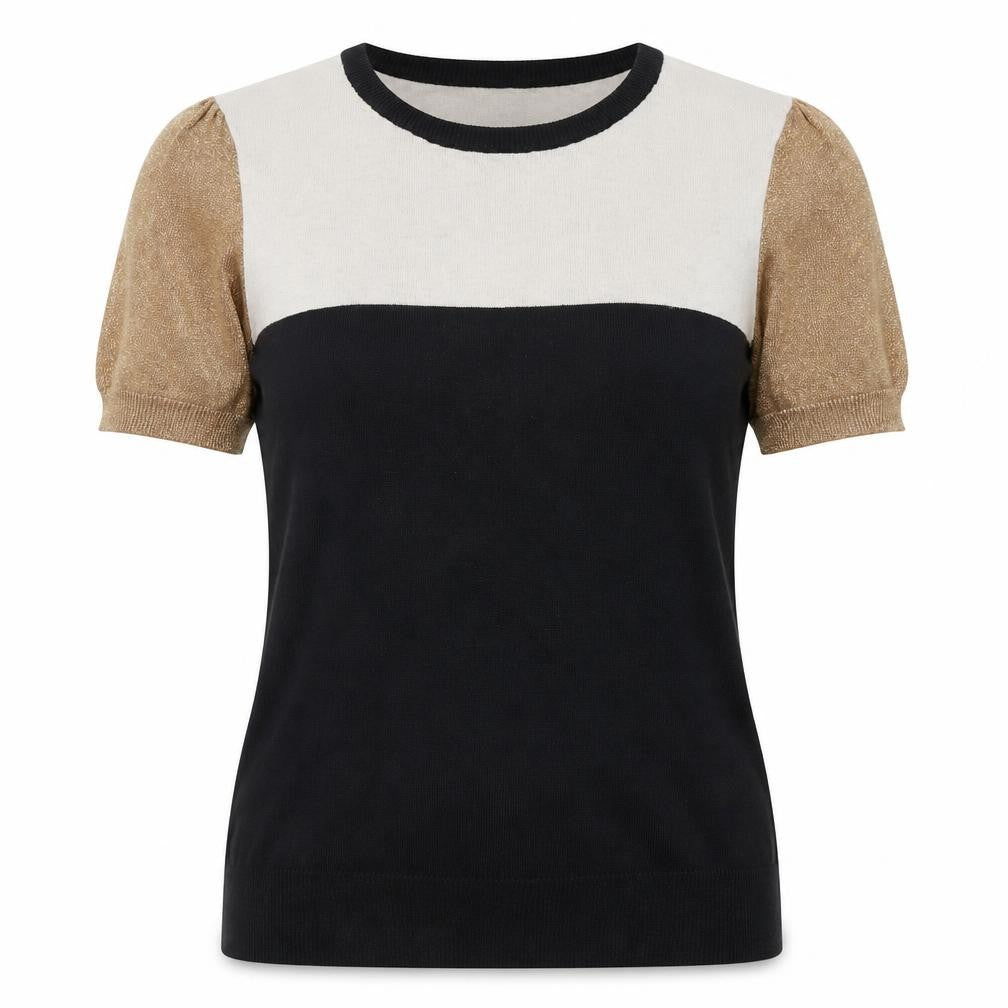 Front view of Next Women's Colourblock Puff Sleeve Black Beige Top, size 12