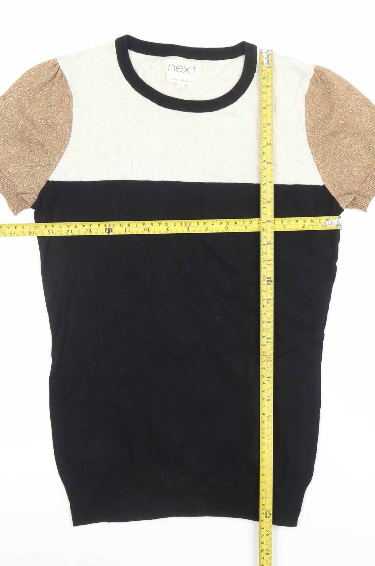 Next Women's Colourblock Puff Sleeve Black Beige Top Size 12