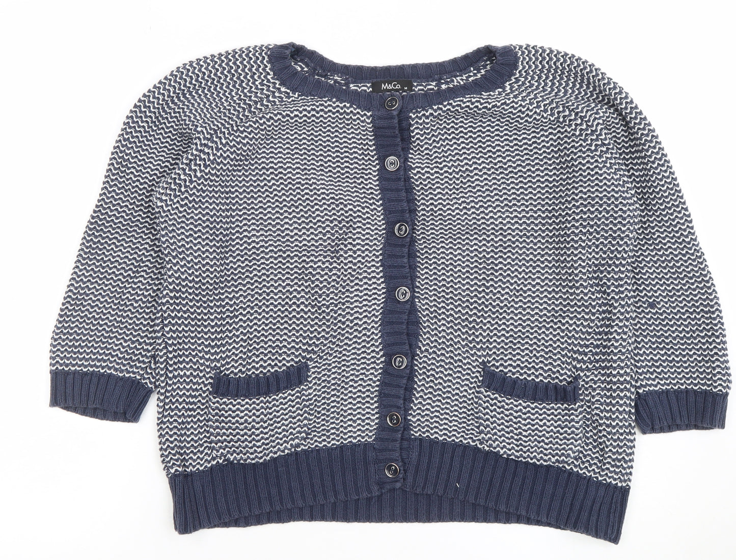 M&Co Women’s Blue Cotton Cardigan M Crew Neck Knit 3/4 Sleeve