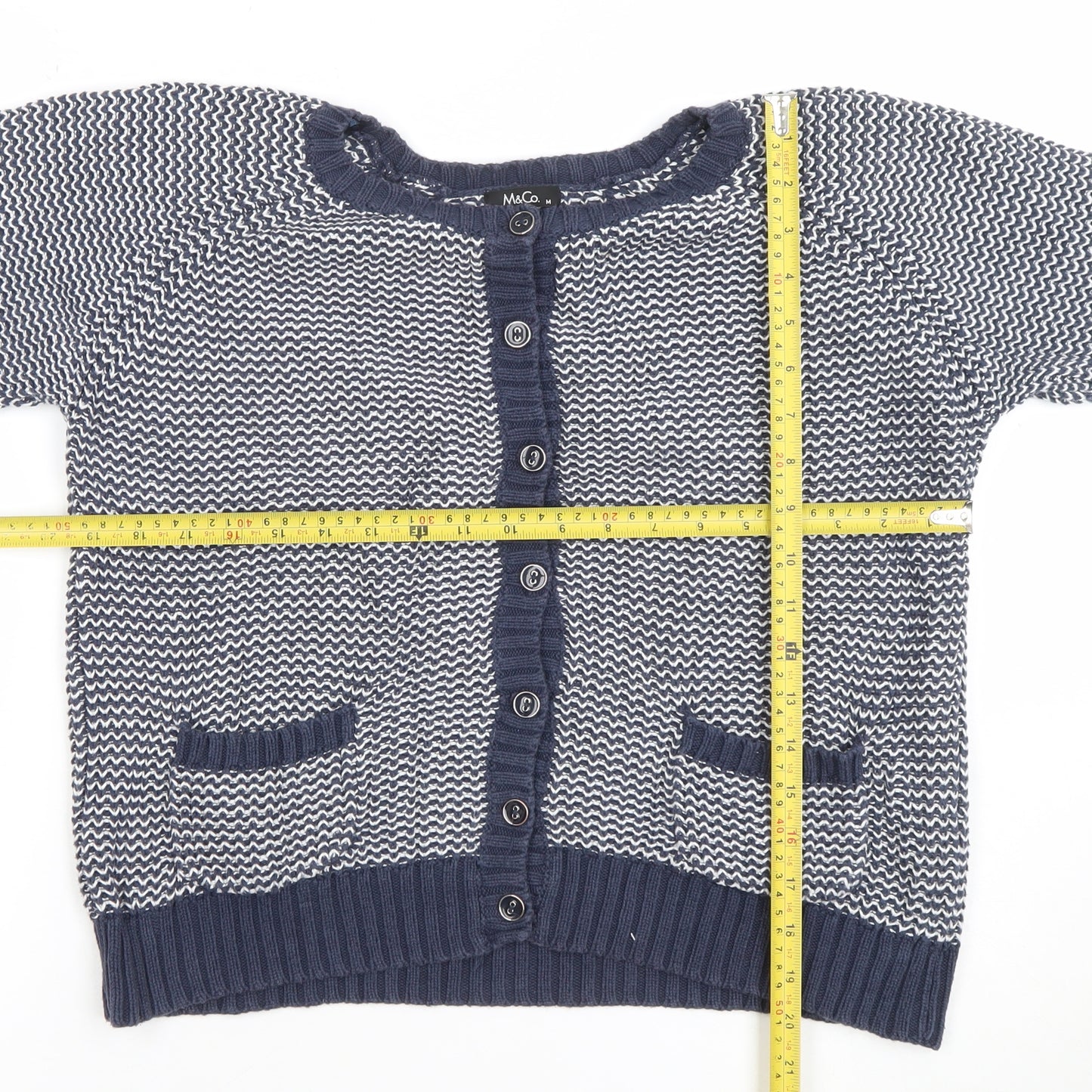 M&Co Women’s Blue Cotton Cardigan M Crew Neck Knit 3/4 Sleeve