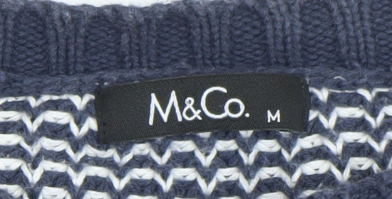 M&Co Women’s Blue Cotton Cardigan M Crew Neck Knit 3/4 Sleeve