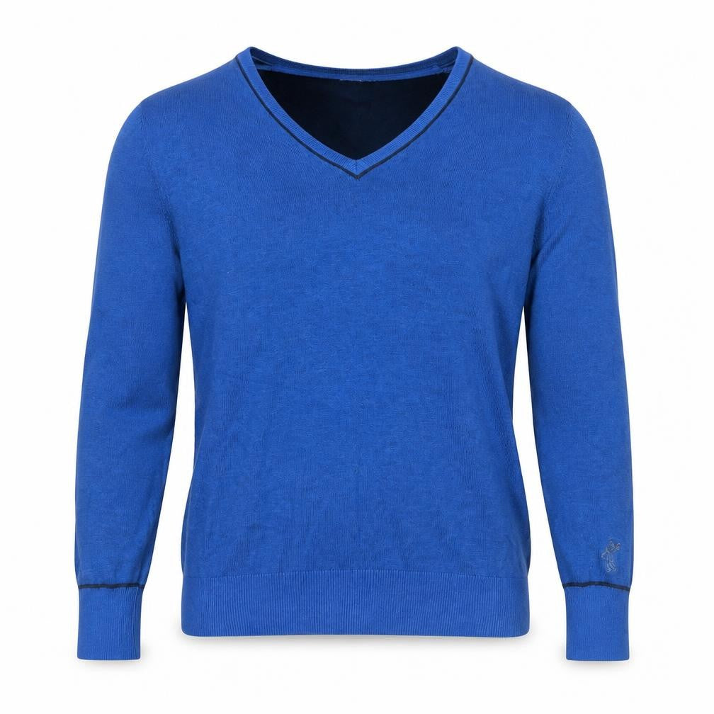 Front view of Ashworth Women's Blue V-Neck Cotton Knit Jumper, size S