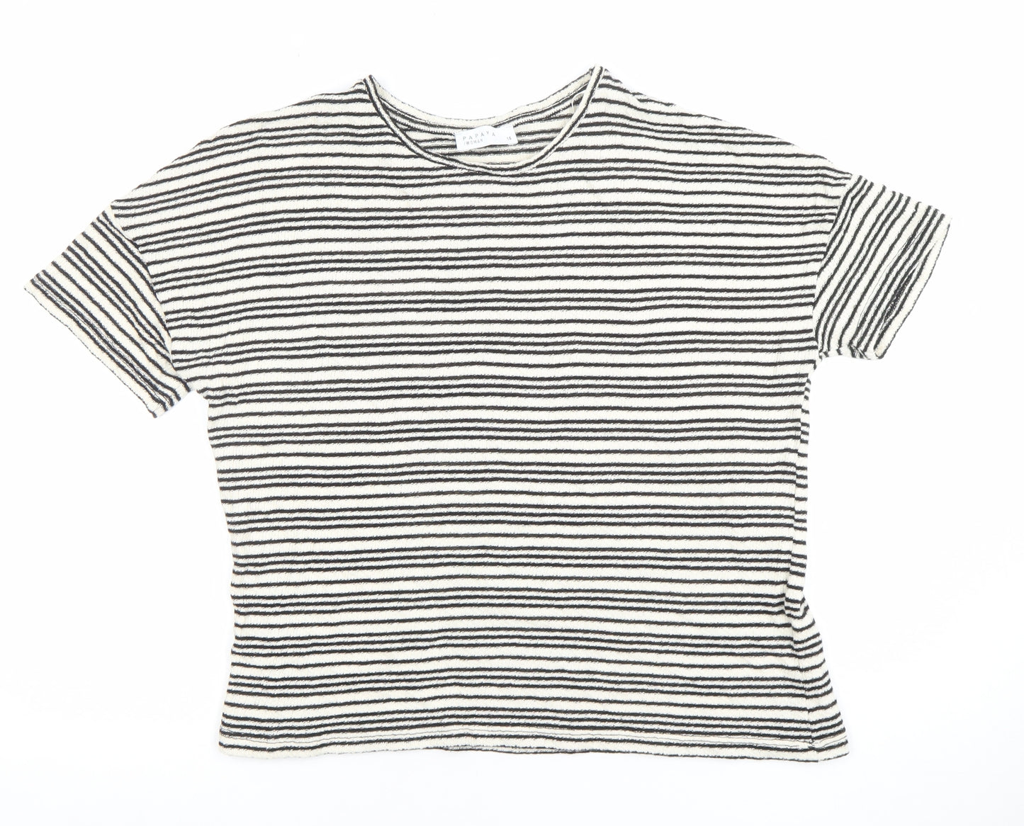 Papaya Women Black Striped Short Sleeve Cotton Blend T-Shirt Size 14