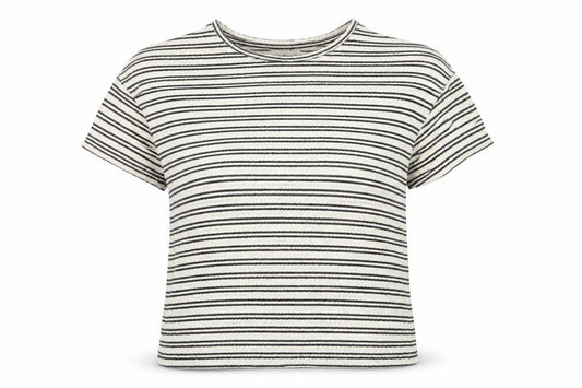 Front view of Papaya Women Black Striped Short Sleeve Cotton Blend T-Shirt, size 14