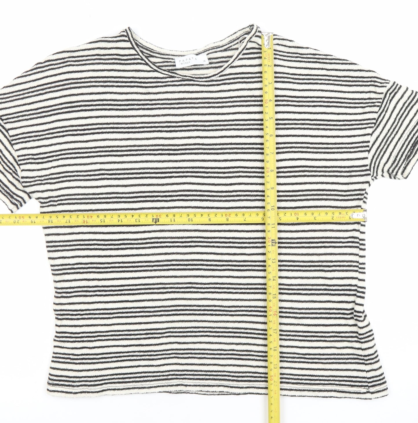 Papaya Women Black Striped Short Sleeve Cotton Blend T-Shirt Size 14