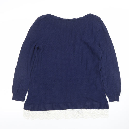 Esprit Women Blue Cotton Knit Lace Hem Jumper Size 12