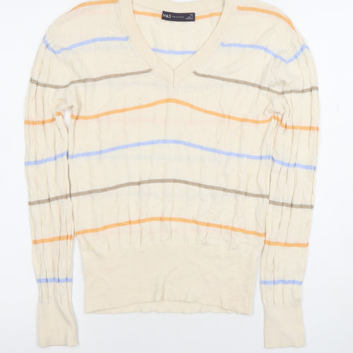 Marks and Spencer Womens Beige Striped V-Neck Cotton Jumper XS
