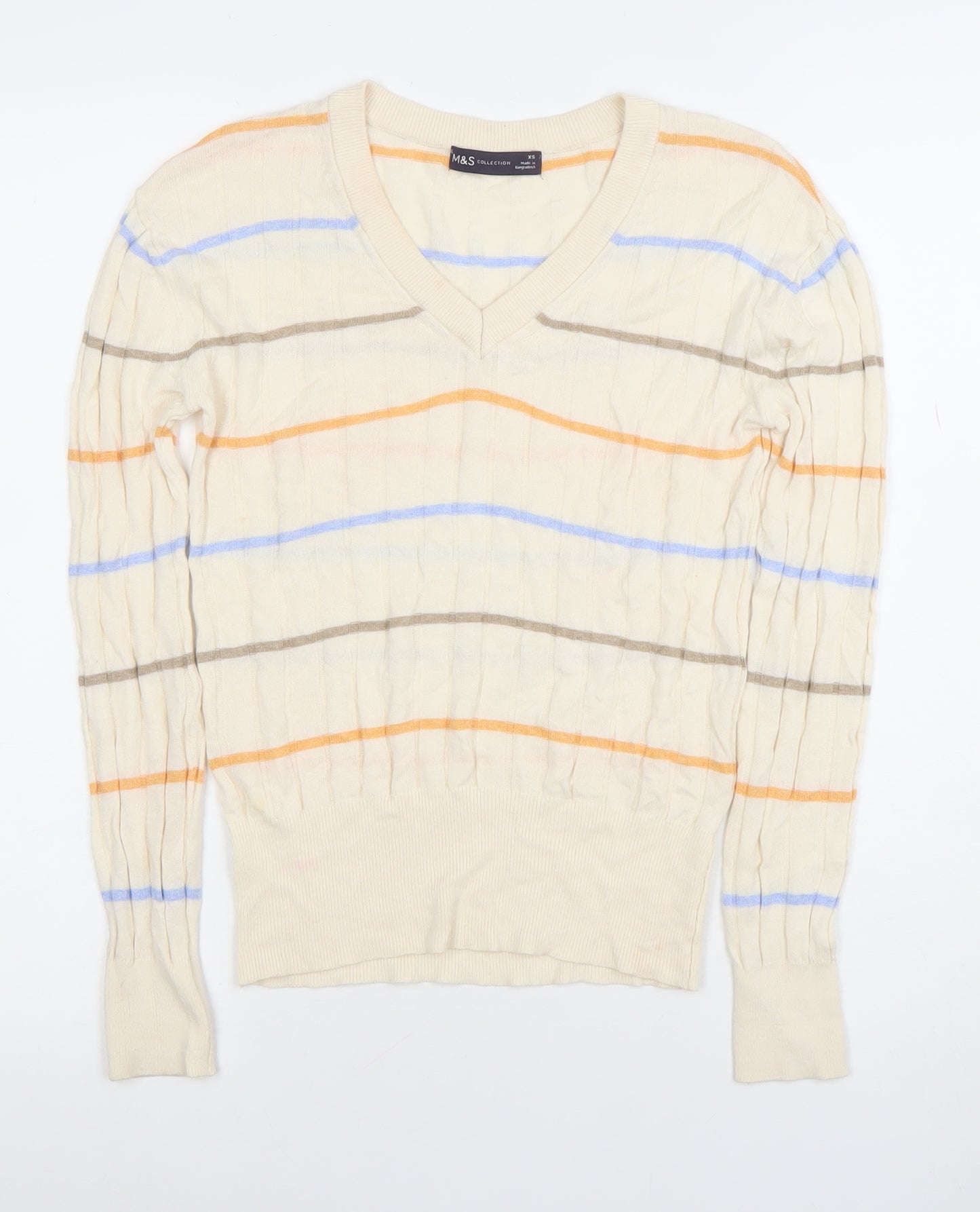 Marks and Spencer Womens Beige Striped V-Neck Cotton Jumper XS
