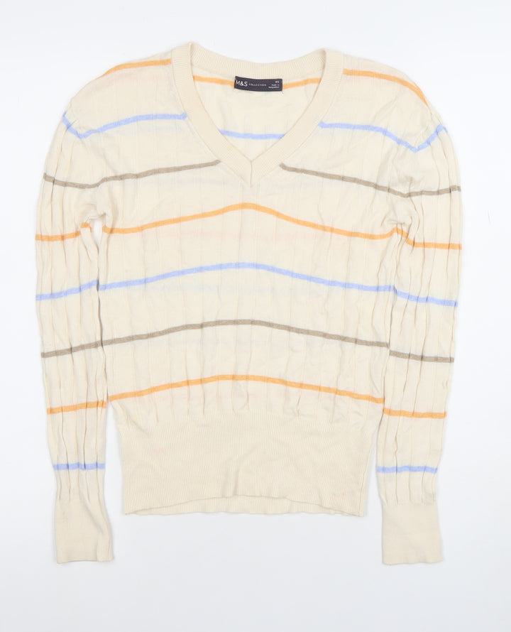 Marks and Spencer Womens Beige Striped V-Neck Cotton Jumper XS