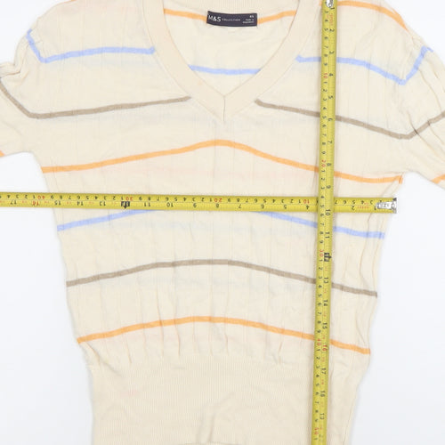 Marks and Spencer Womens Beige Striped V-Neck Cotton Jumper XS